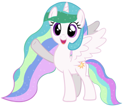 Size: 8000x6955 | Tagged: safe, artist:laszlvfx, princess celestia, alicorn, pony, g4, absurd resolution, ethereal mane, female, horn, long mane, mare, open mouth, open smile, purple eyes, simple background, smiling, solo, spread wings, standing, tail, transparent background, vector, waving, wings