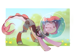 Size: 1390x1044 | Tagged: safe, artist:rexyseven, oc, oc only, oc:koraru koi, merpony, pony, blurry background, eyes closed, female, flower, grass, outdoors, prosthetic leg, prosthetic limb, prosthetics, smiling, solo, stretching