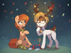 Size: 1845x1389 | Tagged: safe, artist:rexyseven, oc, oc only, oc:rusty gears, oc:sofiko, deer, earth pony, pony, bell, bell collar, bow, christmas, christmas lights, clothes, collar, confetti, deer oc, holiday, present, scarf, smiling, socks, striped scarf, striped socks