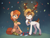 Size: 1845x1389 | Tagged: safe, artist:rexyseven, oc, oc only, oc:rusty gears, oc:sofiko, deer, earth pony, pony, bell, bell collar, bow, christmas, christmas lights, clothes, collar, confetti, deer oc, duo, fake antlers, holiday, present, scarf, smiling, socks, striped scarf, striped socks