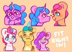 Size: 4009x2918 | Tagged: safe, artist:cocopudu, hitch trailblazer, izzy moonbow, pipp petals, sunny starscout, zipp storm, earth pony, pegasus, pony, unicorn, g5, :p, glasses, hooves on cheeks, izzy's crafting glasses, mane five, round glasses, squishy cheeks, tongue out, white pupils