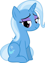 Size: 1375x1907 | Tagged: safe, artist:the smiling pony, edit, vector edit, trixie, pony, unicorn, eyeshadow, female, horn, lidded eyes, looking at you, makeup, mare, simple background, sitting, smiling, solo, transparent background, two toned mane, vector