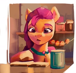 Size: 2146x2054 | Tagged: safe, artist:annna markarova, sunny starscout, earth pony, pony, g5, book, female, high res, kitchen, mare, reading, scene interpretation, solo