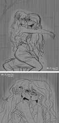 Size: 1200x2488 | Tagged: safe, artist:lzjian79, sci-twi, sunset shimmer, twilight sparkle, equestria girls, g4, blushing, clothes, crossover, dancing, female, kissing, lesbian, pencil drawing, ship:sci-twishimmer, ship:sunsetsparkle, shipping, sketch, traditional art, wet, wet clothes