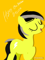Size: 1536x2048 | Tagged: safe, artist:ponyrailartist, oc, oc only, oc:zeliktric, earth pony, pony, eyes closed, female, hoof on chest, mare, open mouth, simple background, solo, two toned mane, yellow background