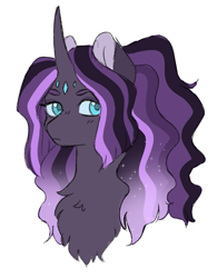 Size: 983x1260 | Tagged: safe, artist:void-sommar, oc, oc only, pony, unicorn, bust, ethereal mane, female, looking away, mare, offspring, parent:king sombra, parent:rarity, parents:sombrarity, simple background, solo, starry mane, white background