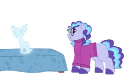 Size: 1280x854 | Tagged: safe, artist:itstechtock, oc, oc:boo berry, cat, pony, clothes, female, filly, glasses, magic, offspring, parent:fleetfoot, parent:sightseer, simple background, sweater, table, white background