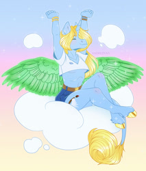 Size: 1280x1503 | Tagged: safe, artist:sadelinav, oc, oc only, oc:art's desire, alicorn, anthro, breasts, clothes, cloud, colored wings, female, shorts, solo, underboob, wings