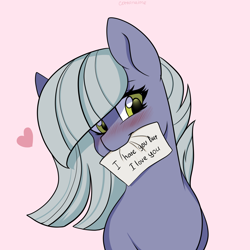 Size: 2200x2200 | Tagged: safe, artist:cottonaime, limestone pie, earth pony, pony, g4, blushing, cute, female, heart, high res, i hate you, i love you, limabetes, limetsun pie, looking at you, mare, mouth hold, note, simple background, smiling, smiling at you, solo, tsundere, white background