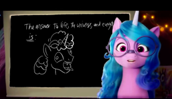 Size: 1280x736 | Tagged: safe, editor:horsesplease, izzy moonbow, party favor, g4, g5, chalkboard, derp, doggie favor, fangs, hitchhiker's guide to the galaxy, i didn't listen, izzy's presentation, meme, panting, stupid, vulgar description