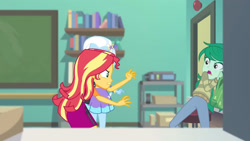 Size: 3410x1920 | Tagged: safe, screencap, sunset shimmer, trixie, wallflower blush, equestria girls, equestria girls specials, g4, my little pony equestria girls: better together, my little pony equestria girls: forgotten friendship, backpack, clothes, female, hairpin, high res, hoodie, jacket, jewelry, leather, leather jacket, necklace, open mouth
