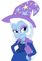 Size: 1690x2468 | Tagged: safe, artist:rivalcat, edit, vector edit, trixie, equestria girls, beautiful, cape, clothes, cute, diatrixes, eyeshadow, female, hand on hip, hat, makeup, purple eyeshadow, simple background, smiling, solo, transparent background, trixie's cape, trixie's hat, vector