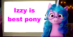 Size: 1561x793 | Tagged: safe, edit, edited screencap, editor:secretbronyx, screencap, izzy moonbow, pony, g5, my little pony: a new generation, spoiler:my little pony: a new generation, 3d, best pony, glasses, izzy's presentation, meme, simple background, solo, template