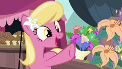 Size: 1920x1080 | Tagged: safe, screencap, lily, lily valley, earth pony, pony, g4, it isn't the mane thing about you, season 7, 1080p, cute, female, flower, happy, lily (flower), mare, open mouth, solo