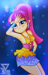 Size: 1150x1801 | Tagged: safe, artist:theretroart88, sour sweet, equestria girls, equestria girls specials, g4, my little pony equestria girls: dance magic, armpits, bracelet, breasts, busty sour sweet, cleavage, clothes, disco dress, female, freckles, jewelry, looking at you, skirt, sleeveless, smiling
