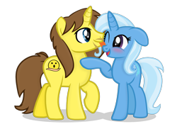 Size: 2754x2000 | Tagged: safe, artist:casey-the-unicorn, artist:grapefruit-face, artist:metalbluephoenix, edit, trixie, oc, oc:grapefruit face, pony, unicorn, blushing, canon x oc, female, grapexie, happy, high res, horn, licking, looking at each other, male, mare, one eye closed, open mouth, open smile, shipping, show accurate, simple background, smiling, smiling at each other, stallion, straight, tongue out, transparent background, unicorn oc