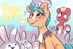 Size: 2616x1770 | Tagged: safe, artist:oofycolorful, part of a set, hitch trailblazer, sprout cloverleaf, earth pony, pony, rabbit, g5, 8, animal, chest fluff, countdown, critter magnet, cute, hitchbetes, male, open mouth, open smile, smiling, stallion