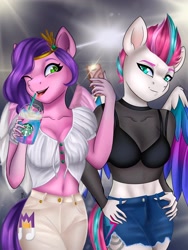 Size: 1536x2048 | Tagged: safe, artist:idrawmylittlep1, pipp petals, zipp storm, pegasus, anthro, g5, belly button, bra, cellphone, clothes, coffee, cutie mark, cutie mark on clothes, female, food, jeans, latte, midriff, one eye closed, open mouth, pants, phone, royal sisters (g5), selfie, shorts, siblings, sisters, smartphone, sports bra, starbucks, underwear, unicorn frappuccino, wink