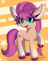 Size: 2497x3171 | Tagged: safe, artist:windykirin, sunny starscout, earth pony, pony, g5, abstract background, big ears, female, high res, impossibly long eyelashes, smiling, solo