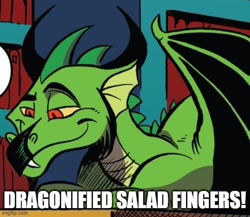Size: 536x466 | Tagged: safe, artist:andy price, edit, idw, blacktip, dragon, g4, caption, cropped, image macro, male, meme, salad fingers, text