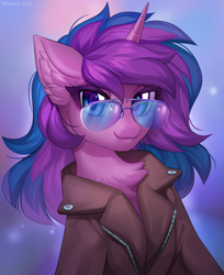Size: 980x1200 | Tagged: safe, artist:margony, oc, oc only, pony, unicorn, chest fluff, clothes, cool, cute, female, glasses, horn, multicolored hair, ocbetes, solo, unicorn oc
