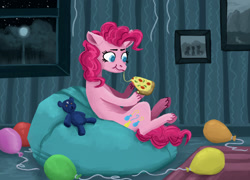 Size: 1500x1080 | Tagged: safe, artist:necromarecy, pinkie pie, earth pony, pony, g4, balloon, beanbag chair, food, heart eyes, night, pizza, plushie, solo, teddy bear, window, wingding eyes