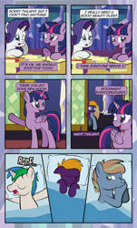 Size: 1920x3169 | Tagged: safe, artist:alexdti, rarity, twilight sparkle, oc, oc:brainstorm (alexdti), oc:purple creativity, oc:star logic, alicorn, pegasus, pony, unicorn, comic:quest for friendship, g4, bed, blanket, blue eyes, book, comic, dialogue, eye contact, eyes closed, female, floppy ears, folded wings, green eyes, horn, looking at each other, lying down, male, mare, on back, on bed, on side, one eye closed, open mouth, pegasus oc, pillow, pointing, purple eyes, shadow, speech bubble, stallion, standing, tired, twilight sparkle (alicorn), underhoof, unicorn oc, wings