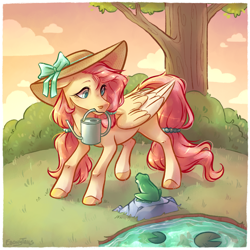 Size: 1744x1744 | Tagged: safe, artist:ebonytails, fluttershy, frog, pegasus, pony, g4, bow, bush, colored hooves, cottagecore, female, grass, hairband, hat, lilypad, looking at someone, looking down, mare, mouth hold, outdoors, pond, raised leg, rock, solo, standing, stray strand, sun hat, tail, tail band, three quarter view, tree, turned head, water, watering can, wings