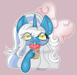 Size: 906x882 | Tagged: safe, artist:milkk0ffee, oc, oc:fleurbelle, alicorn, pony, adorabelle, alicorn oc, blushing, bow, bubble tea, cute, drinking, drinking straw, female, hair bow, horn, mare, ocbetes, pink background, simple background, wingding eyes, wings, yellow eyes