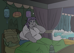 Size: 1562x1139 | Tagged: safe, artist:monterrang, maud pie, human, tumblr:ask fat maud pie, g4, bbw, bed, bingo wings, double chin, fat, female, humanized, lidded eyes, maud pudge, neck roll, obese, pony coloring, solo, waking up
