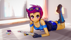 Size: 1920x1080 | Tagged: source needed, safe, artist:ratachu666, scootaloo, equestria girls, g4, 3d, boots, clothes, cute, cutealoo, female, koikatsu, lying down, one leg raised, prone, rainbow dash's cutie mark, shoes, shorts, solo, sunglasses, sunglasses on head, tank top, the pose, tomboy