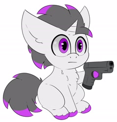 Size: 2582x2698 | Tagged: safe, artist:pegamutt, oc, oc only, oc:haze rad, pony, unicorn, :l, chest fluff, colored hooves, commission, commissioner:biohazard, delet this, gun, high res, highlights, horn, male, missing cutie mark, simple background, sitting, solo, stallion, unicorn oc, unshorn fetlocks, weapon, white background, ych result