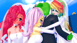 Size: 1920x1080 | Tagged: safe, artist:ratachu666, derpibooru exclusive, fluttershy, pinkie pie, rainbow dash, oc, oc:anon, human, equestria girls, g4, 3d, :3, anon gets all the mares, blushing, breasts, busty fluttershy, busty pinkie pie, clothes, dress, evening gloves, eyes closed, gloves, hair over one eye, heart eyes, hug, humanized, koikatsu, long gloves, lucky bastard, open mouth, open smile, polyamory, polygamy, smiling, suit, thumbs up, wedding dress, wingding eyes