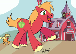 Size: 1280x906 | Tagged: safe, artist:helsaabi, apple bloom, applejack, big macintosh, granny smith, earth pony, pony, g4, colored hooves, female, giant pony, macro, male, mare, missing freckles, open mouth, ponies riding ponies, pony hat, really big mac, riding, smiling, stallion, sweet apple acres, unshorn fetlocks