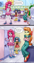 Size: 1500x2749 | Tagged: safe, artist:smudge proof, kimberlite, megan williams, megan williams (g4), pinkie pie, technicolor waves, equestria girls, g4, bathroom stall, canterlot mall, comic, commission, implied pooping, mall, public bathroom, sitting, sketch