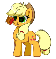 Size: 4376x4608 | Tagged: safe, artist:kittyrosie, applejack, earth pony, pony, g4, blushing, caramel apple (food), cute, female, food, jackabetes, kittyrosie is trying to murder us, mare, mouth hold, redraw, simple background, smiling, solo, starry eyes, transparent background, wingding eyes