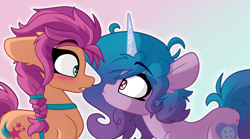 Size: 3000x1664 | Tagged: safe, artist:nekro-led, izzy moonbow, sunny starscout, earth pony, pony, unicorn, g5, abstract background, blushing, braid, curly hair, cute, duo, ear fluff, eyebrows, female, harness, horn, imminent kissing, leaning back, leaning forward, lesbian, open mouth, scene interpretation, shading, ship:moonscout, shipping, staring contest, surprised, tack
