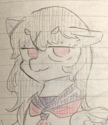 Size: 1353x1562 | Tagged: safe, artist:metaruscarlet, oc, oc only, oc:anime-chan, pegasus, pony, bowtie, clothes, lined paper, school uniform, smug, solo, teenager, traditional art