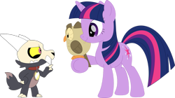 Size: 1195x669 | Tagged: safe, artist:porygon2z, owlowiscious, twilight sparkle, bird, owl, pony, titan, unicorn, g4, broken horn, collar, crossover, female, horn, king clawthorne, male, pet tag, show accurate, simple background, skull, the owl house, transparent background, trio, unicorn twilight, vector