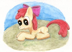 Size: 930x672 | Tagged: safe, artist:ambrosebuttercrust, apple bloom, earth pony, pony, g4, female, filly, lying down, prone, smiling, solo, traditional art, watercolor painting