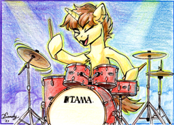 Size: 2036x1464 | Tagged: safe, artist:dandy, oc, oc only, oc:drummershy, pony, unicorn, colored pencil drawing, drum kit, drums, fog, male, musical instrument, raffle prize, solo, spotlight, traditional art