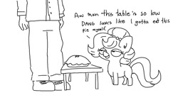 Size: 1152x648 | Tagged: safe, artist:tjpones, oc, oc only, oc:brownie bun, oc:richard, earth pony, human, pony, horse wife, black and white, duo, female, food, grayscale, head out of frame, lidded eyes, male, mare, monochrome, ms paint, pie, simple background, white background