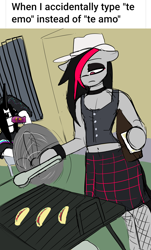 Size: 4240x7016 | Tagged: safe, artist:tenenbris, oc, oc:culpa, oc:miss eri, semi-anthro, alcohol, arm hooves, barbeque, beer, black and red mane, clothes, cowboy hat, drinking, eyeshadow, fishnet stockings, food, hat, makeup, meme, skirt, two toned mane