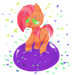 Size: 1466x1521 | Tagged: safe, artist:1eg, babs seed, earth pony, pony, g4, balloon, balloon riding, female, filly, party balloon, solo, that pony sure does love balloons