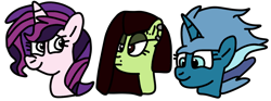Size: 1500x560 | Tagged: safe, artist:icicle-niceicle-1517, artist:jadeharmony, color edit, edit, oc, oc only, oc:evening glitter, oc:white lilly, oc:wondermint, pegasus, pony, unicorn, icey-verse, collaboration, colored, ear piercing, earring, eyebrow piercing, female, jewelry, magical lesbian spawn, mare, offspring, parent:applejack, parent:minuette, parent:starlight glimmer, parent:strawberry sunrise, parent:sunset shimmer, parent:trixie, parents:applerise, parents:minixie, parents:shimmerglimmer, piercing, simple background, transparent background, trio