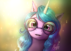 Size: 1100x799 | Tagged: safe, artist:magfen, izzy moonbow, pony, unicorn, g5, beautiful, bust, cute, female, glasses, izzy's crafting glasses, izzybetes, looking at you, mare, open mouth, portrait, round glasses, solo