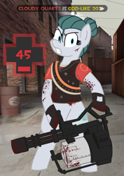 Size: 3545x5013 | Tagged: safe, artist:legendoflink, cloudy quartz, earth pony, pony, g4, /mlp/ tf2 general, absurd resolution, angry, bipedal, blood, bullet hole, clothes, cp granary, female, frown, heavy weapons guy, looking at you, mare, minigun, solo, team fortress 2, teeth