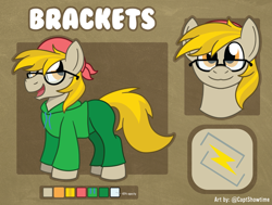 Size: 6657x5022 | Tagged: safe, artist:captshowtime, oc, oc only, oc:brackets, earth pony, pony, bandana, clothes, commission, glasses, hat, hoodie, jacket, male, pants, ponysona, reference, reference sheet, simple background, solo, stallion