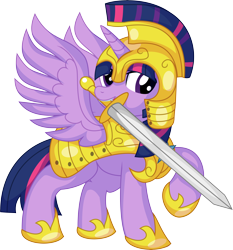 Size: 6342x6797 | Tagged: safe, artist:cyanlightning, twilight sparkle, alicorn, pony, g4, .svg available, absurd resolution, armor, athena sparkle, clothes, costume, female, helmet, hoof shoes, horn, mare, mouth hold, purple eyes, raised hoof, royal guard, royal guard armor, simple background, solo, spread wings, standing, sword, transparent background, twilight sparkle (alicorn), vector, weapon, wings