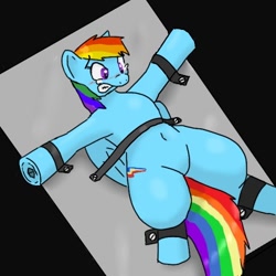 Size: 500x500 | Tagged: safe, artist:kushina13, rainbow dash, pegasus, pony, g4, belly button, black background, blushing, bondage, bondage furniture, doll, female, gritted teeth, implied cupcakes, implied grimdark, living toy, lying down, mare, on back, restrained, restraints, simple background, solo, straps, teary eyes, this will end in cupcakes, toy, underhoof, unsexy bondage
